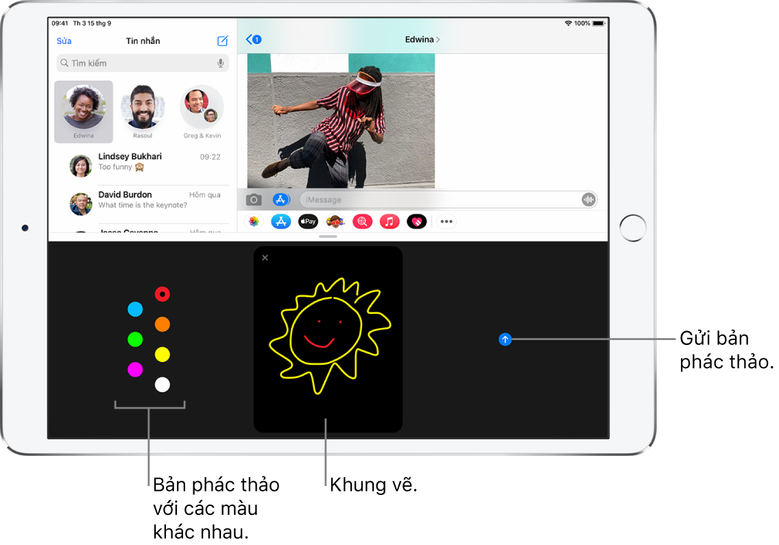 Một màn hình Tin nhắn với màn hình Digital Touch ở dưới cùng. Các lựa chọn màu ở bên trái, khung vẽ ở giữa và nút Gửi ở bên phải.