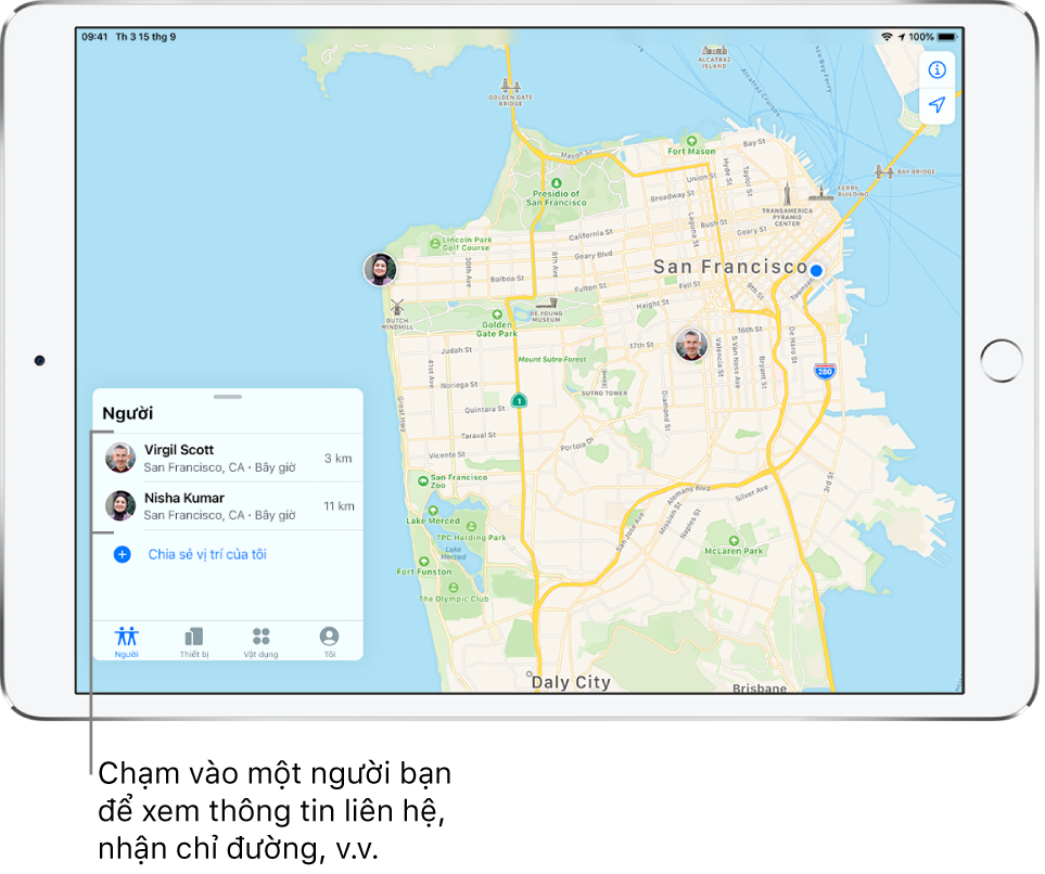Màn hình Tìm mở đến tab Người. Có hai người bạn trong danh sách Người: Virgil Scott và Nisha Kumar. Vị trí của chúng được hiển thị trên bản đồ San Francisco.