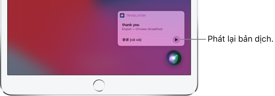 Siri hiển thị một bản dịch của cụm từ Tiếng Anh “thank you” sang Tiếng Hoa phổ thông. Một nút ở bên phải bản dịch phát lại âm thanh của bản dịch.