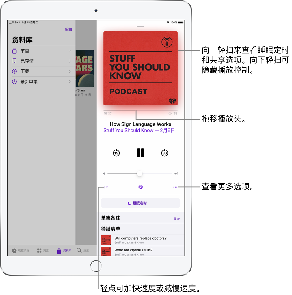 播客播放控制位于屏幕右侧。中间是用于播放或暂停播放播客的控制。再下方是音量控制。屏幕的顶部是用于在播客中倒回或前移的滑块。左下角是用于更改播放速度的控制。右下角是“更多”按钮。
