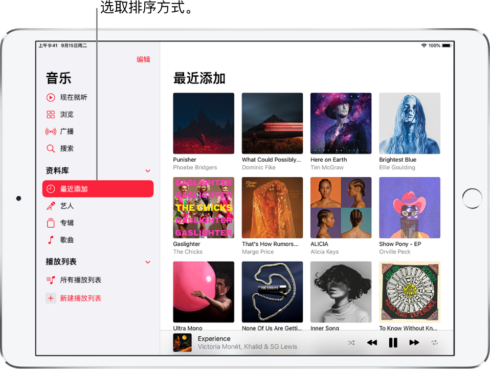 “资料库”屏幕左侧显示边栏，其中文字“最近添加”高亮显示。最近添加的专辑显示在右侧。播放程序位于右下方。