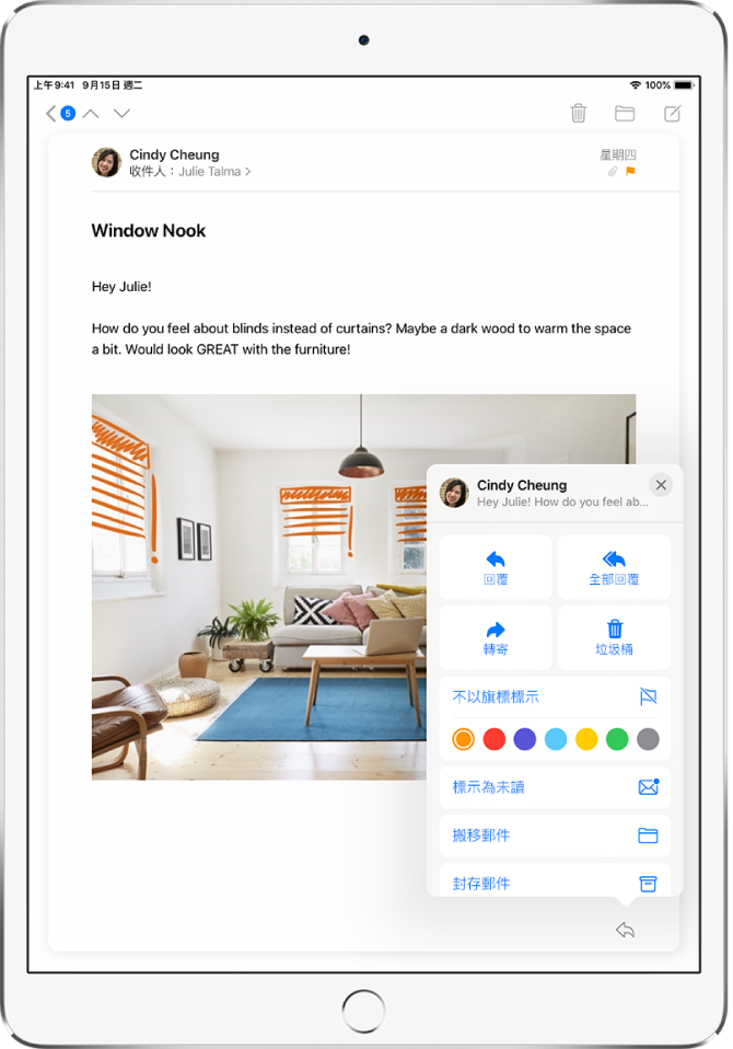 在右下方顯示回覆選項的電子郵件。回覆選項下方為旗標的顏色選項。
