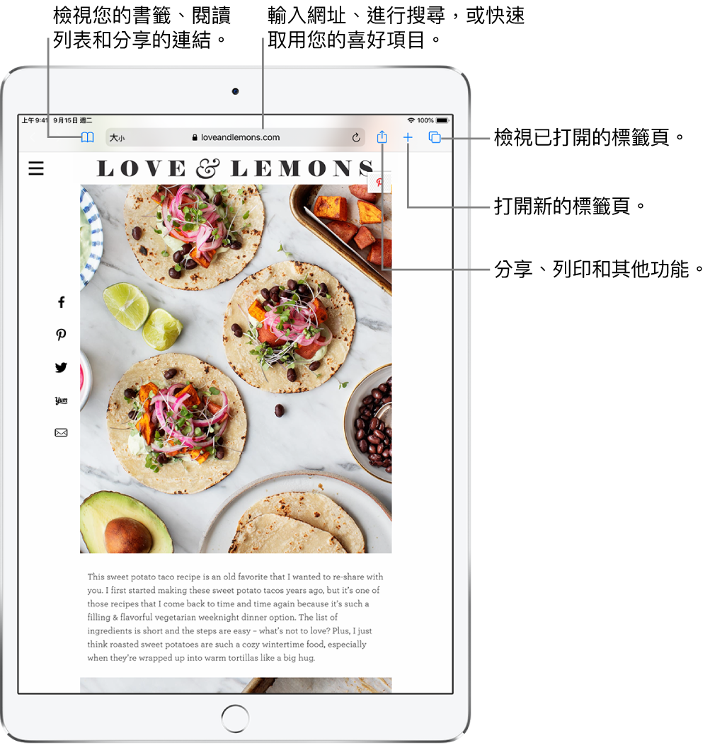 於 Safari 中開啟網頁，這些控制項目位於頂部，由左至右為：「往後」、「往前」、「書籤」按鈕、網址欄位、「分享」、「新增標籤頁」和「頁面」按鈕。