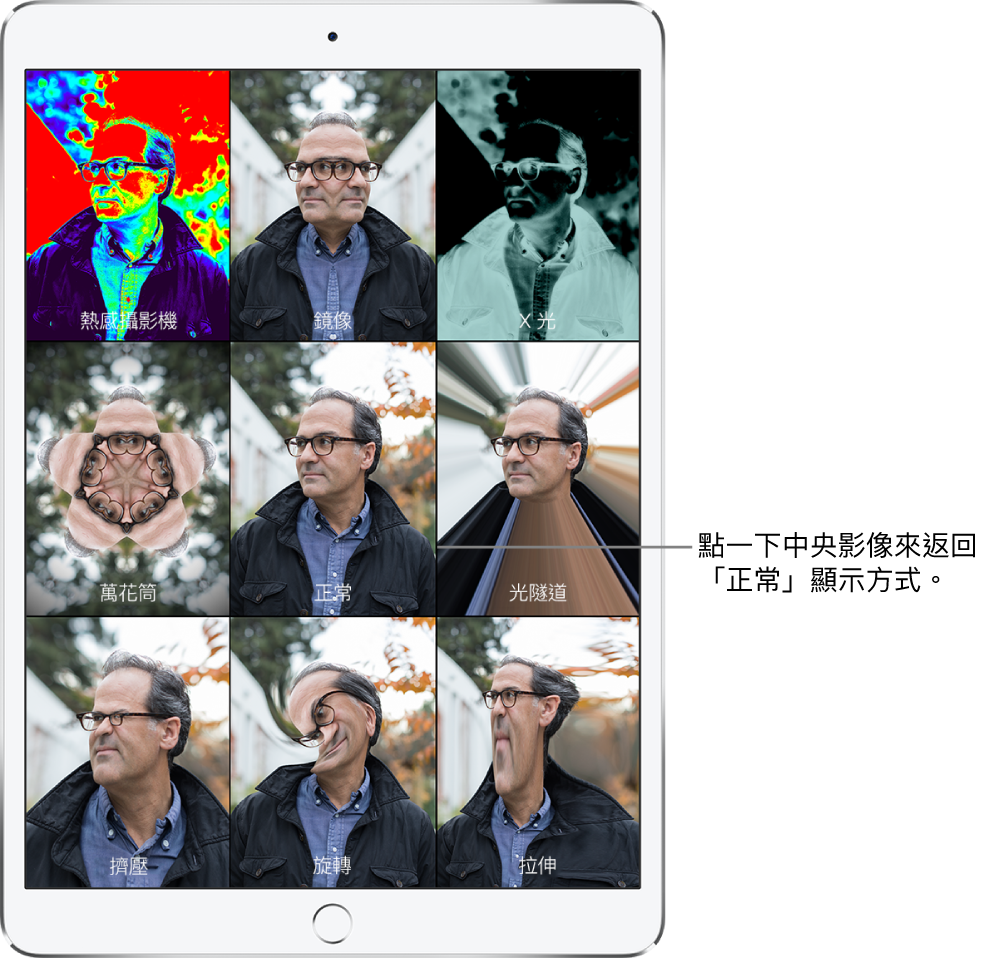 Photo Booth 畫面顯示男性面孔的九種顯示方式，每格套用不同特效。頂部列由左至右為：熱感攝影機、鏡像和 X 光效果。中間列由左至右為：萬花筒、正常和光隧道效果。底部列由左至右為：擠壓、旋轉和拉伸效果。