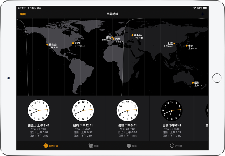 「世界時鐘」標籤頁，顯示各個城市的時間。點一下左上角的「編輯」來管理您的城市列表。點一下右上角的「加入」按鈕來加入更多時鐘。「世界時鐘」、「鬧鐘」、「碼錶」和「計時器」按鈕排列在底部。