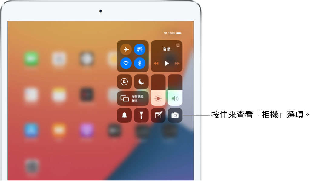 配備 Wi-Fi + 行動網路的 iPad 機型的「控制中心」中，左上方的群組為飛航模式、行動數據、Wi-Fi 和藍牙控制項目。指向「相機」控制項目的說明文字，說明按住「相機」圖像（右下角）來查看更多「相機」選項。