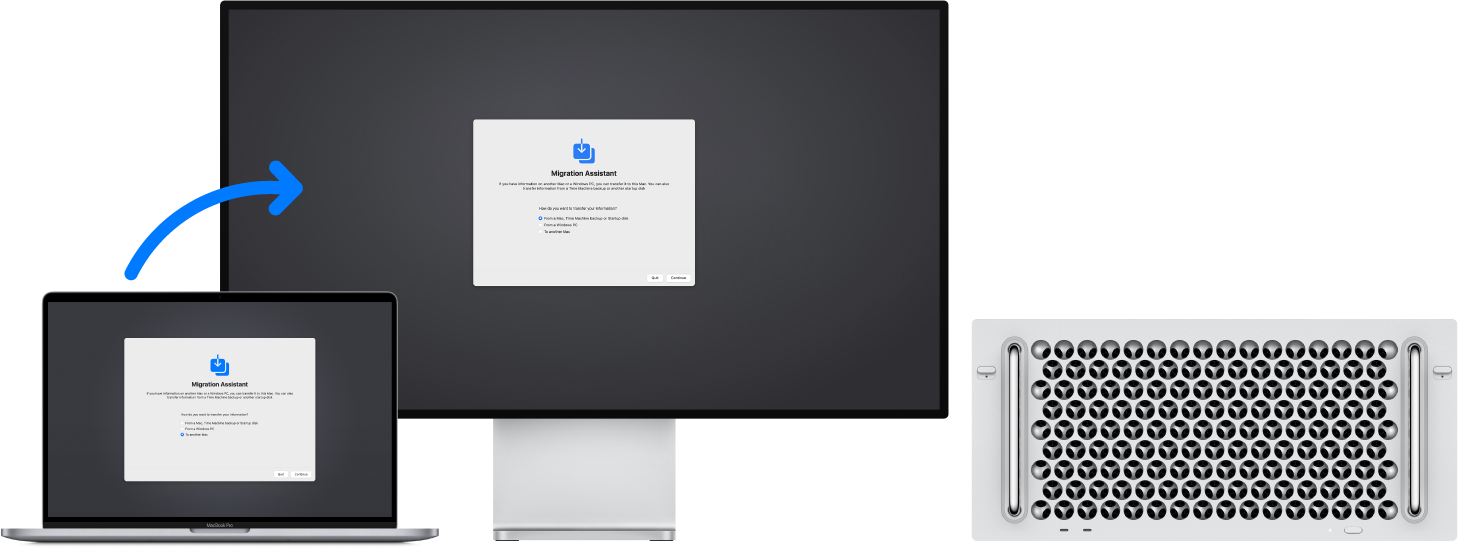 ‏MacBook Pro و Mac Pro مع شاشة عرض متصلة. يظهر مساعد الترحيل على كلا الشاشتين ويظهر سهم من MacBook Pro إلى Mac Pro يوضح نقل البيانات من جهاز إلى آخر.