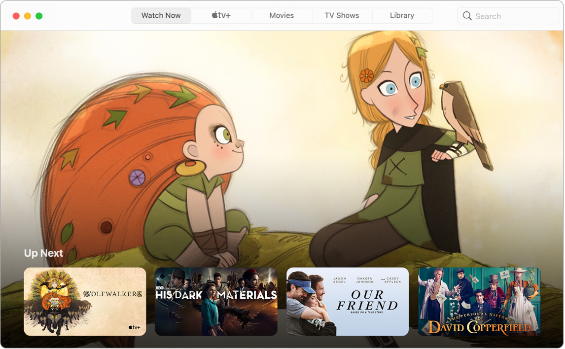 Прозорец на приложението TV (Телевизия) на Apple, показващ изгледа Watch Now (Гледай сега).