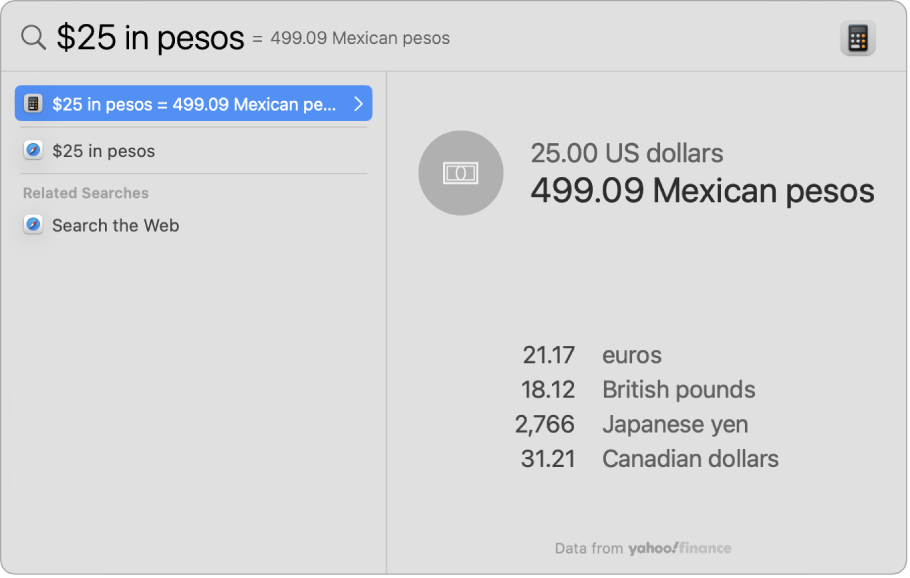 Снимка на екрана, която показва долари, конвертирани в песо с основен резултат, който показва конвертирането, и няколко други избираеми резултата.