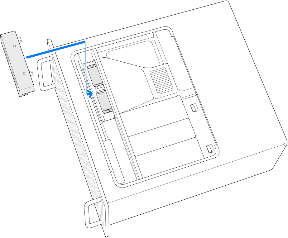 Mac Pro otočený na bok se znázorněným postupem pro opětné namontování SSD krytu