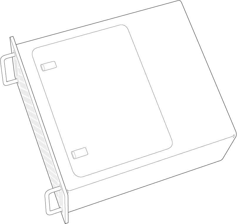 Mac Pro otočený na bok, s označením přístupového panelu