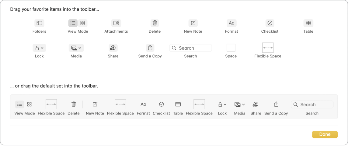 Okno aplikace Poznámky s dostupnými volbami pro přizpůsobení panelu nástrojů