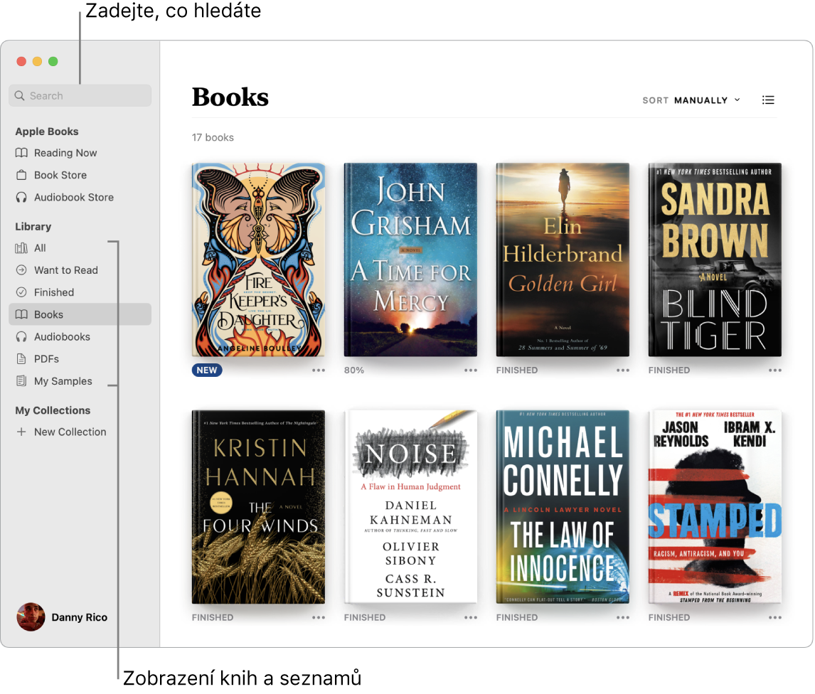 Okno aplikace Knihy s postupy zobrazení knih, procházení spravovaného obsahu a vyhledávání.