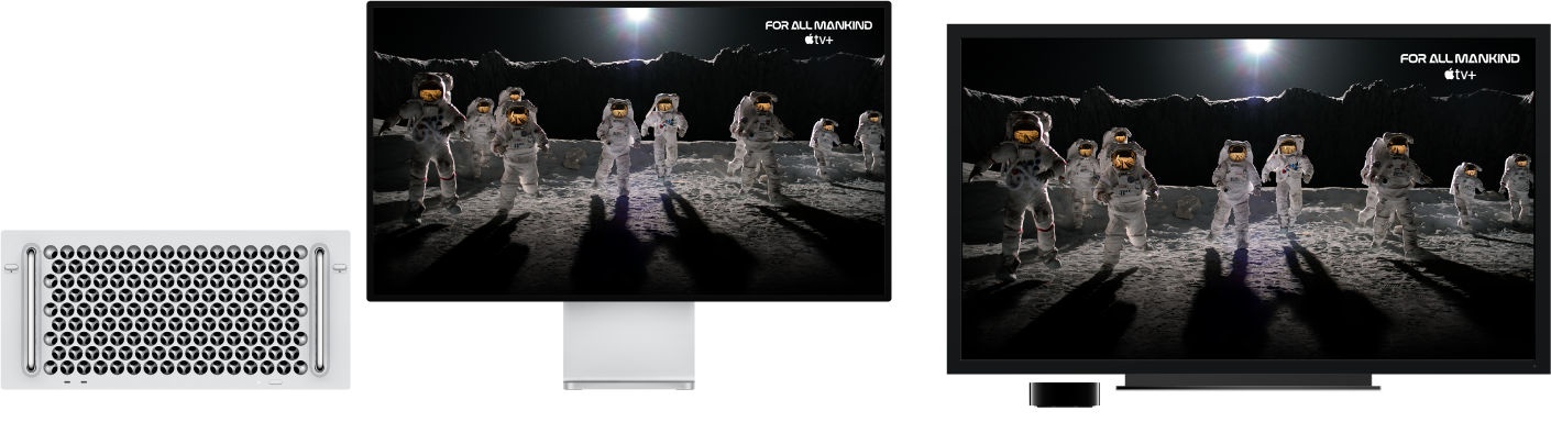 En Mac Pro med indholdet dubleret på et stort HD-fjernsyn ved hjælp af en Apple TV-enhed.