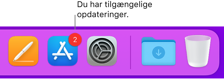 En del af Dock, der viser symbolet for App Store med et mærke, som viser, at der er tilgængelige opdateringer.