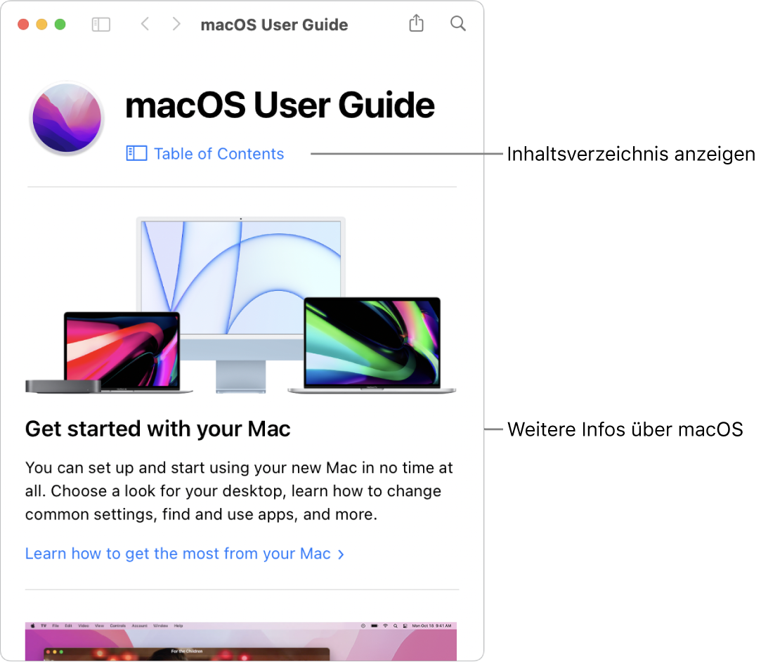 Die Startseite des macOS-Benutzerhandbuchs mit dem Link zum Inhaltsverzeichnis