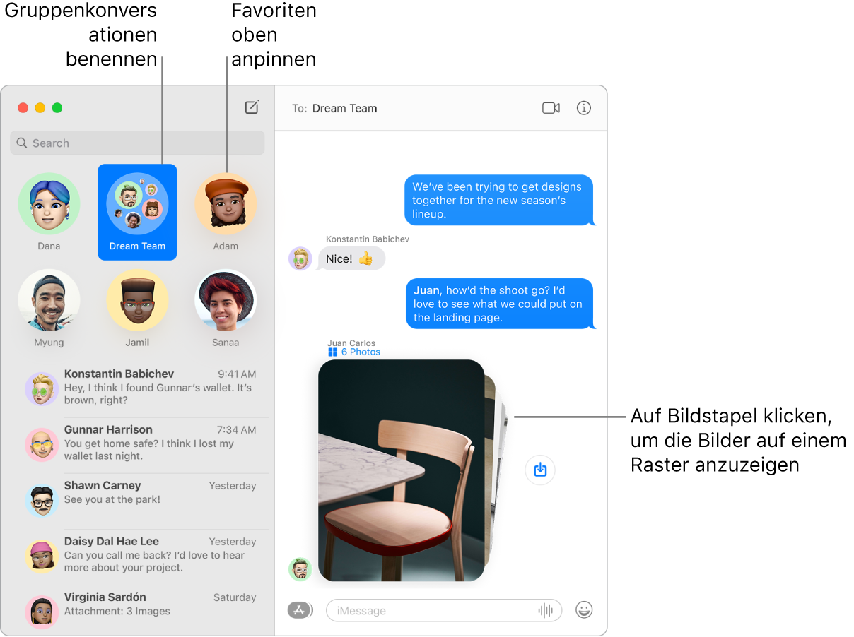 Ein Fenster der App „Nachrichten“ mit einem Gruppenchat und Einzelchats, die oben auf der linken Spalte angeheftet sind. Im Chat befindet sich rechts ein Stapel mit sechs Fotos, neben denen eine Taste „Foto sichern“ zu sehen ist.