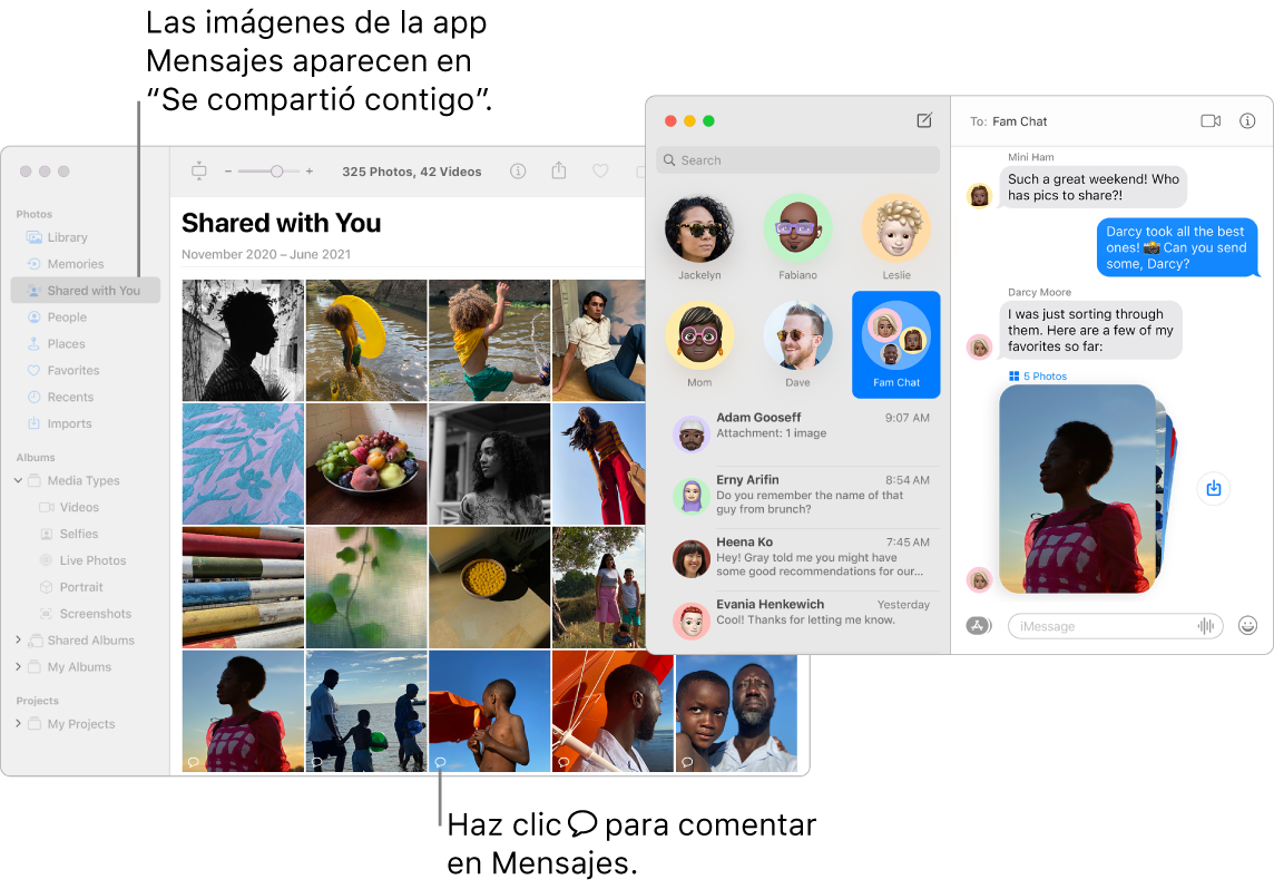 Una conversación de Mensajes en la parte derecha con una pila de fotos y la sección “Compartido contigo” de una ventana de Fotos mostrando fotos compartidas desde la app Mensajes.