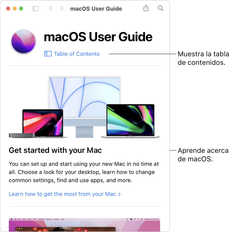 La página de bienvenida del Manual de usuario de macOS con el enlace a la tabla de contenido.