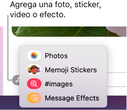 El menú Apps con opciones para mostrar fotos, stickers de Memoji, imágenes GIF y efectos para mensajes.
