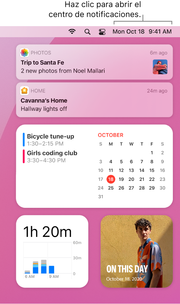 Centro de notificaciones con notificaciones y widgets de Fotos, Casa, Calendario y “Tiempo de pantalla”.