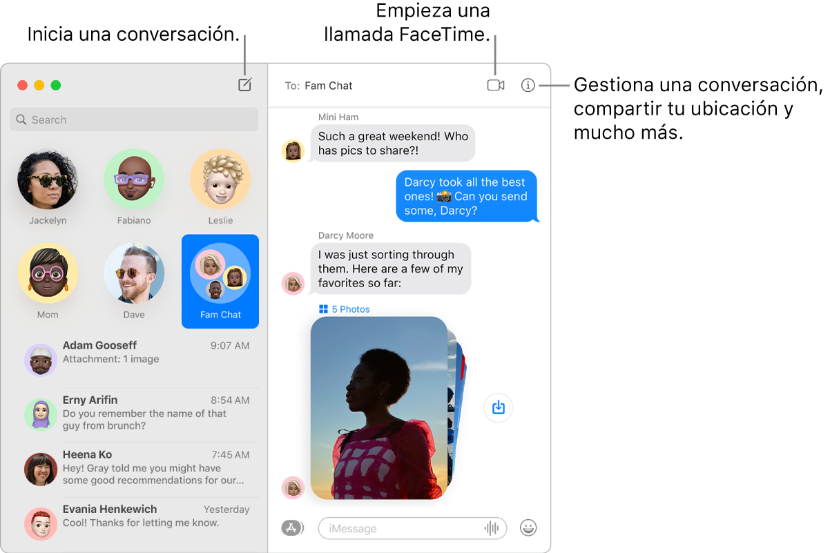 Una ventana de Mensajes donde se muestra cómo iniciar una conversación y cómo iniciar una llamada FaceTime.