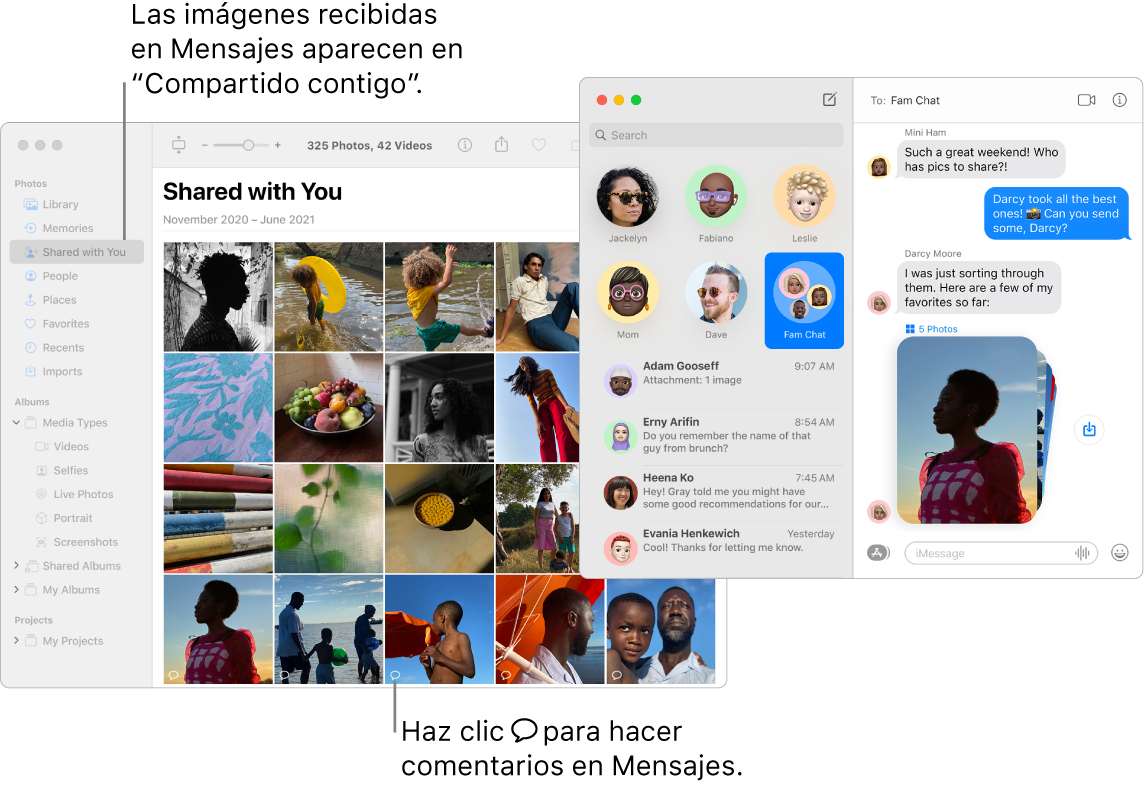 Una conversación de Mensajes a la derecha con una pila de fotos y la sección “Compartido contigo” de una ventana de Fotos que muestra fotos compartidas a través de la app Mensajes.
