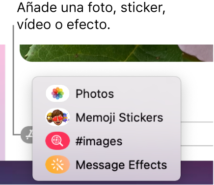 El menú Apps con opciones para mostrar fotos, stickers de Memoji, GIF y efectos en mensajes.
