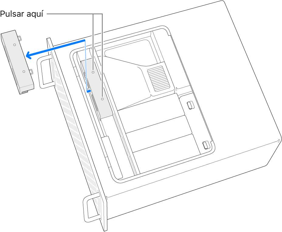 Se muestra dónde pulsar para retirar la cubierta de la unidad SSD de un Mac Pro colocado de lado.