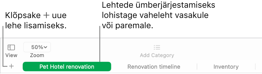 Rakenduse Numbers aknas selgitatakse, kuidas lisada uut lehte ja kuidas järjestada lehti ümber.