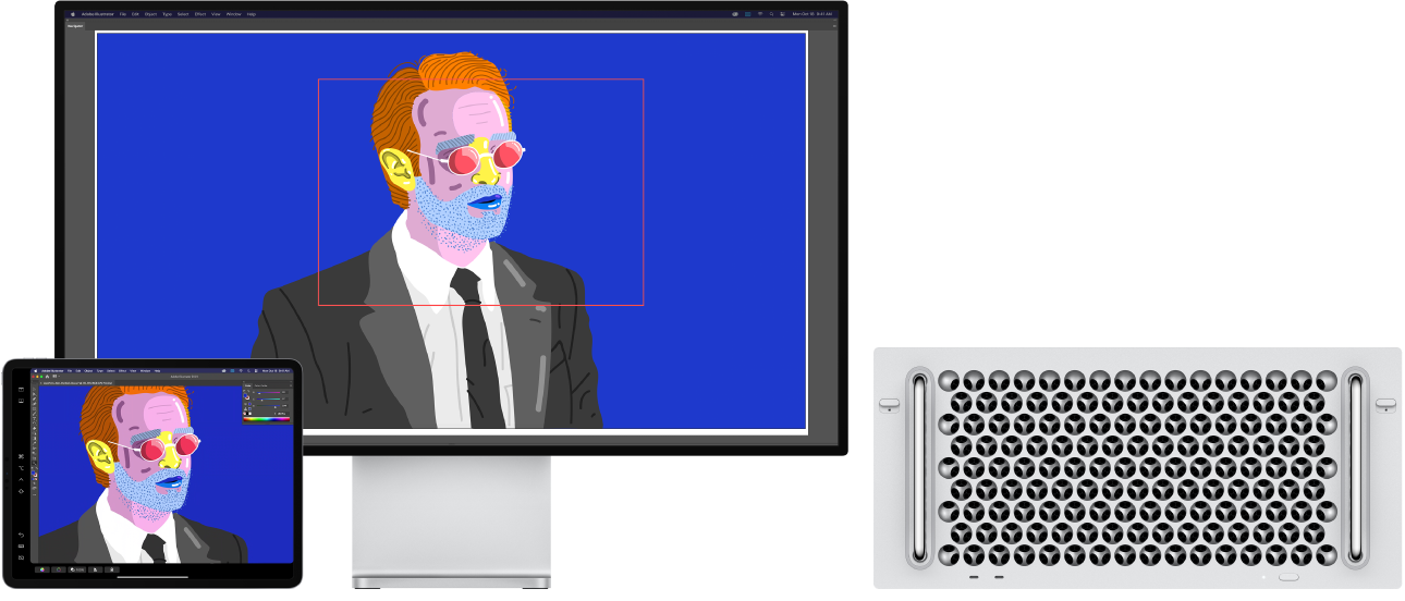 Mac Pro ja iPad on kõrvuti. Mac Pro ekraanil on rakenduse Illustrator navigeerimisaknas kunstiprojekt. iPadi ekraanil on sama kunstiprojekt Illustratori dokumendiaknas, mille ümber on tööriistaribad.