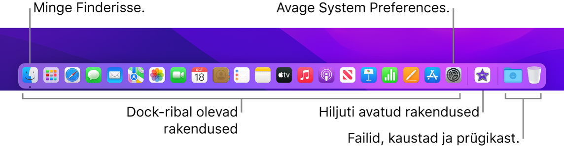 Dock-ribal on Finder, System Preferences ning joon, mis eraldab rakendusi failidest ja kaustadest.