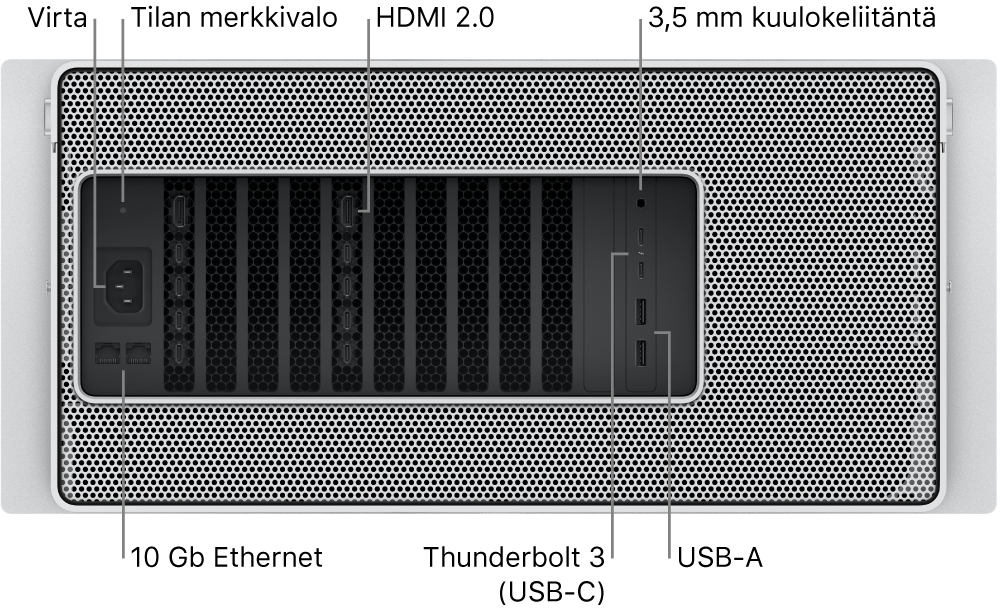 Mac Pron takaosa, jossa näkyy virtaliitäntä, merkkivalo, kaksi HDMI 2.0 -porttia, 3,5 mm kuulokeliitäntä, kaksi 10 Gigabit Ethernet -porttia, kaksi Thunderbolt 3 (USB-C) -porttia ja kaksi USB-A-porttia.