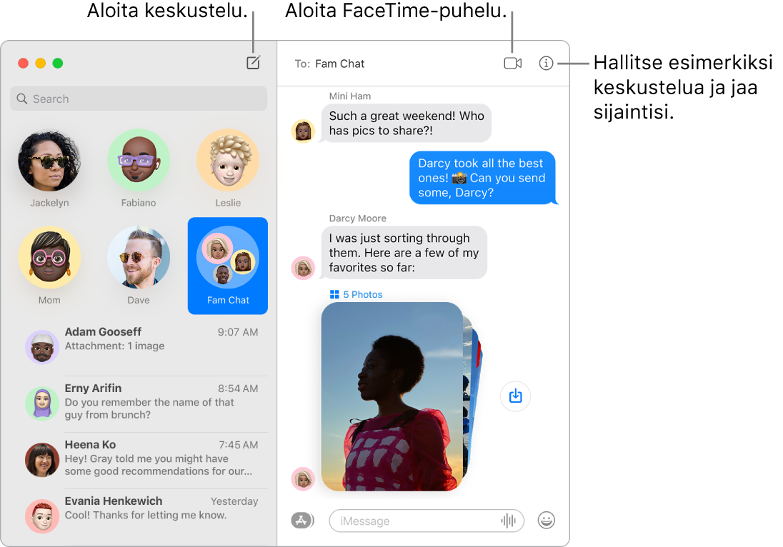 Viestit-ikkuna, jossa näytetään, miten aloitetaan keskustelu ja FaceTime-puhelu.