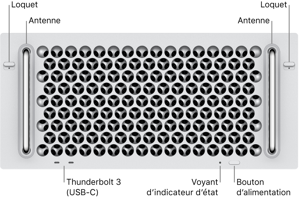 La face avant du Mac Pro avec deux ports Thunderbolt 3 (USB-C), un voyant système, l’alimentation, un bouton et une antenne.