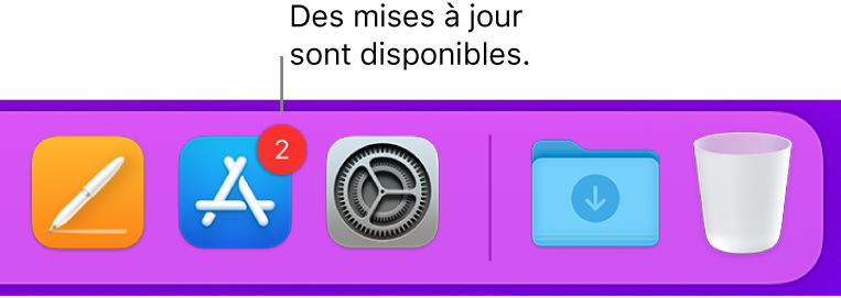 Section du Dock affichant l’icône de l’App Store avec une pastille, ce qui indique que des mises à jour sont disponibles.