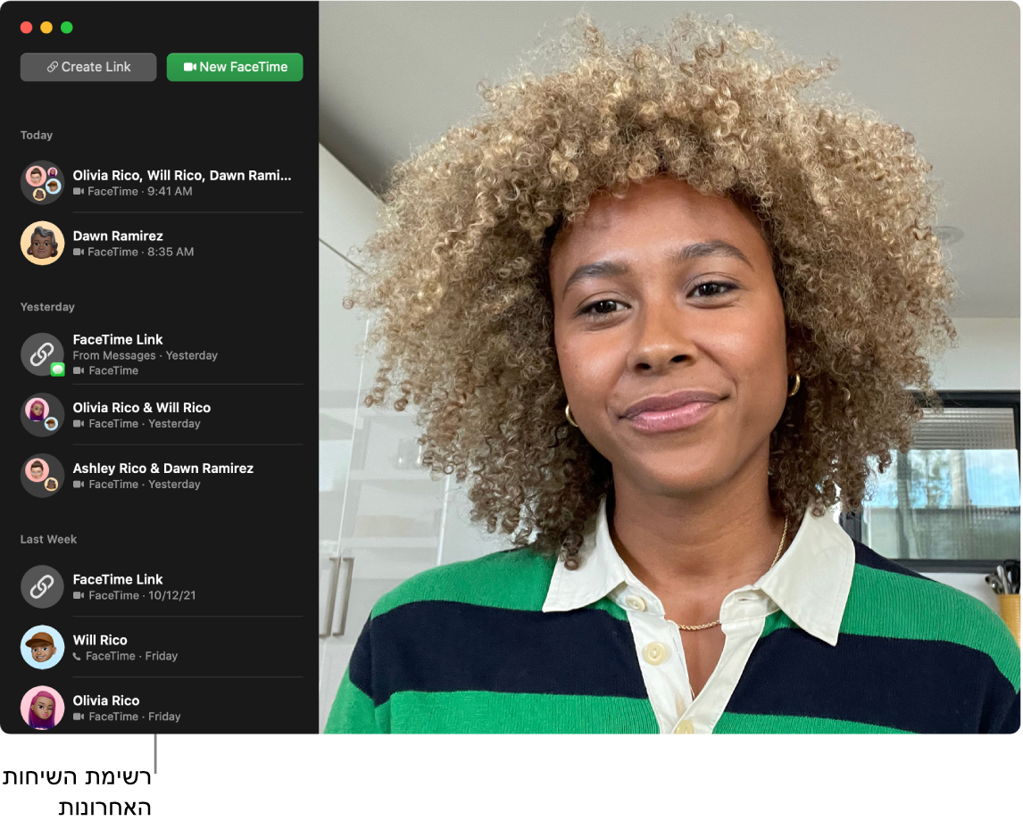 חלון של FaceTime המראה כיצד לקיים שיחת וידאו או שמע, כיצד להשתמש בשדה החיפוש כדי להקיש או לחפש פרטי קשר וכיצד להציג את רשימת השיחות האחרונות.
