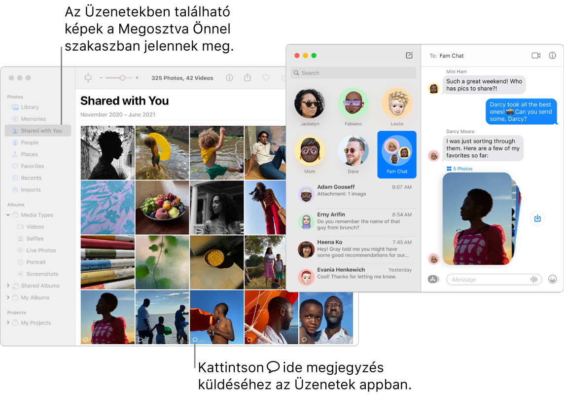 Egy Üzenetek-beszélgetést a jobb oldalon egy fotópaklival, valamint a Fotók ablakában látható Megosztva Önnel rész az Üzenetek appban megosztott fotókkal.