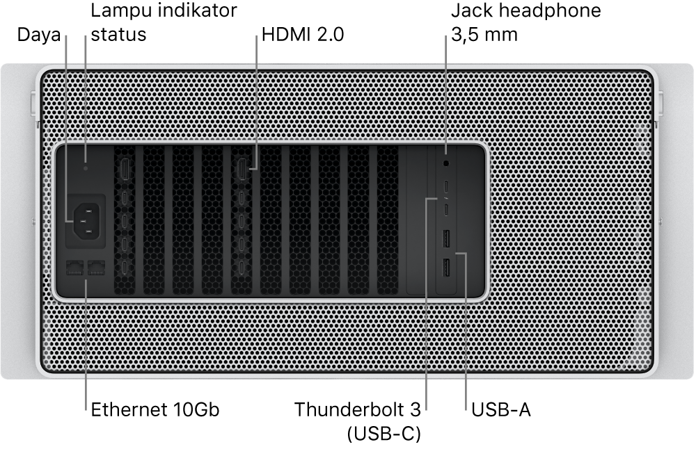 Bagian belakang Mac Pro menampilkan port Daya, lampu indikator status, dua port HDMI 2.0, jack headphone 3,5 mm, dua port Ethernet 10 Gigabit, dua port Thunderbolt 3 (USB-C), dan dua port USB-A.
