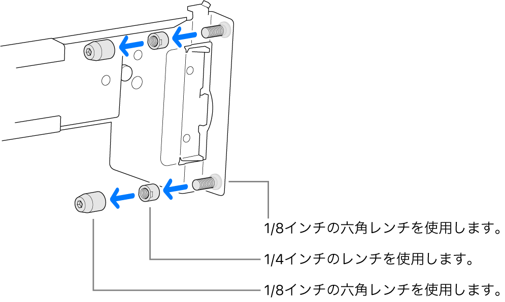 ねじ山が切られているラックに合うレールアセンブリ。