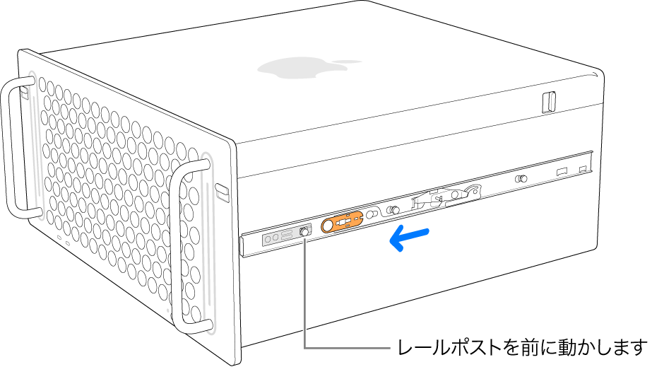 Mac Pro。レールを前にスライドさせ、所定の位置にロックしています。