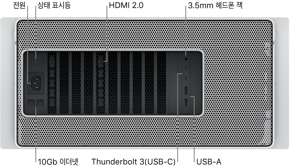 HDMI 2.0 포트 두 개, 3.5mm 헤드폰 잭, 10기가비트 이더넷 포트 두 개, Thunderbolt 3(USB-C) 포트 두 개, USB-A 포트 두 개, 전원 포트, 상태 표시등를 표시하는 Mac Pro의 뒷면.