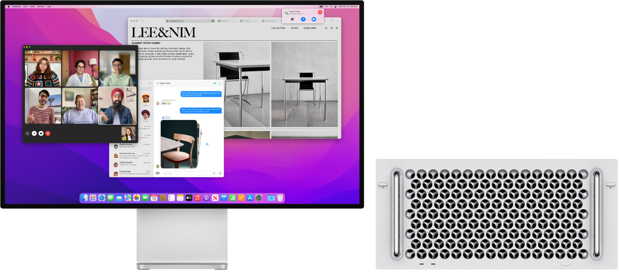 제어 센터 및 열려 있는 여러 앱을 표시하는 Pro Display XDR 데스크탑에 연결된 Mac Pro.