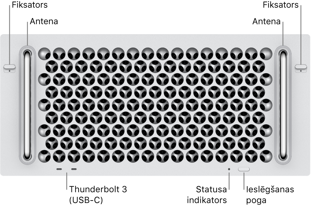 Skats uz Mac Pro priekšpusi; redzami divi Thunderbolt 3 (USB-C) porti, sistēmas indikatora gaismiņa, ieslēgšanas poga un antena.