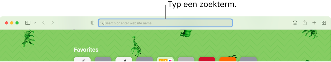 Een deel van een Safari-venster met een bijschrift voor het zoekveld boven in het venster.