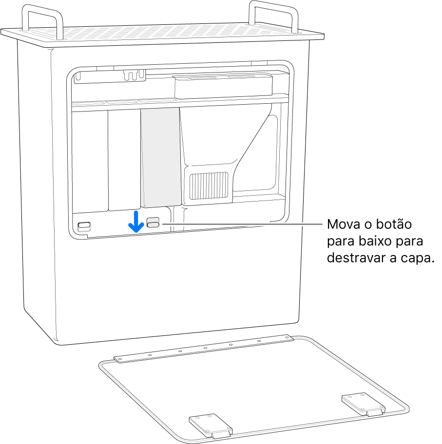 Mac Pro apoiado sobre a parte traseira, destacando o interruptor que destrava a capa do DIMM.