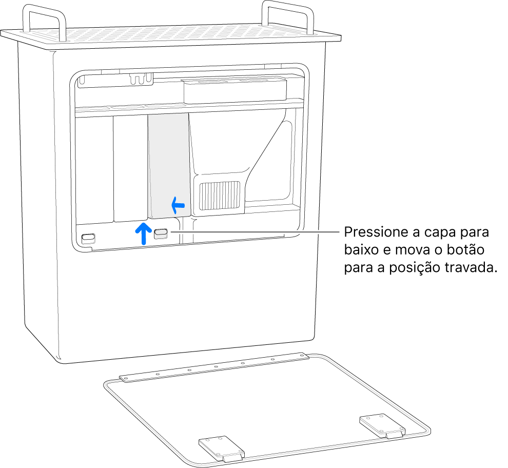 Mac Pro apoiado sobre a parte traseira, mostrando como mover o interruptor do DIMM para a posição travada.