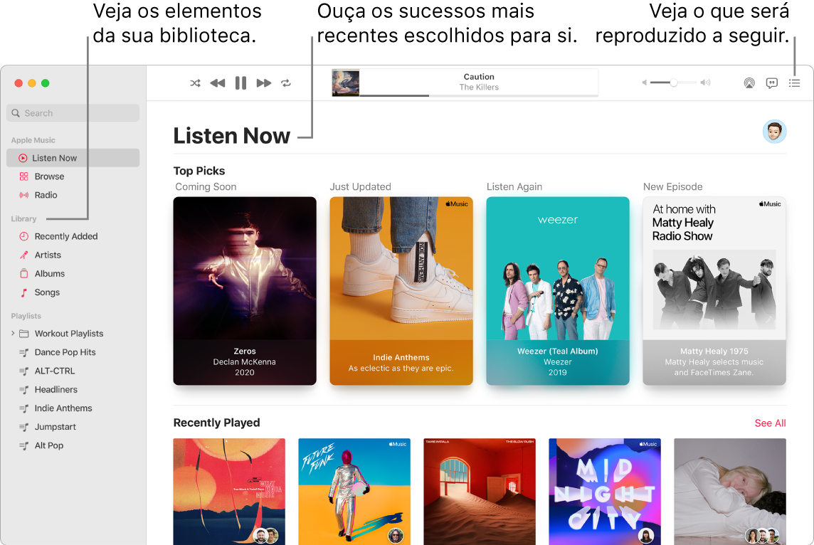 Uma janela da aplicação Música mostra como ver a biblioteca, ouvir Apple Music e ver o que será reproduzido de seguida.