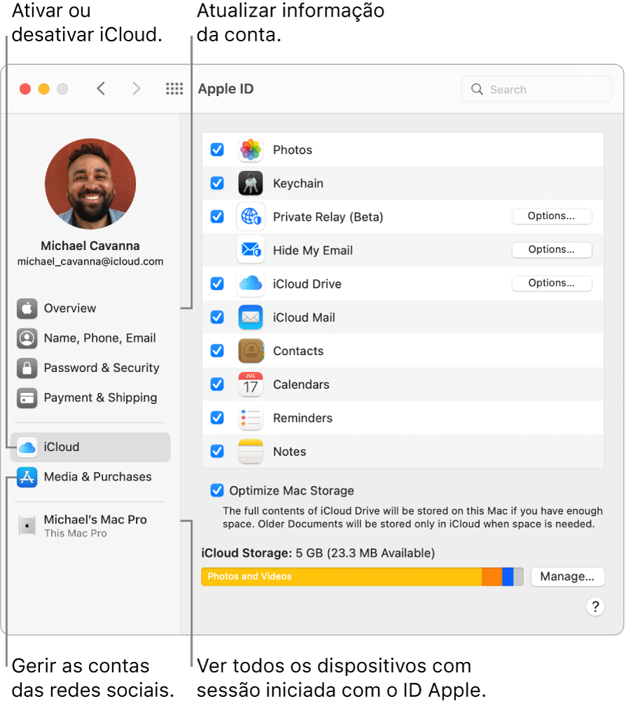 O painel ID Apple nas Preferências do Sistema. Clique num elemento na barra lateral para atualizar as informações da conta, ativar ou desativar iCloud, gerir contas multimédia e ver todos os dispositivos com sessão iniciada com o seu ID Apple.