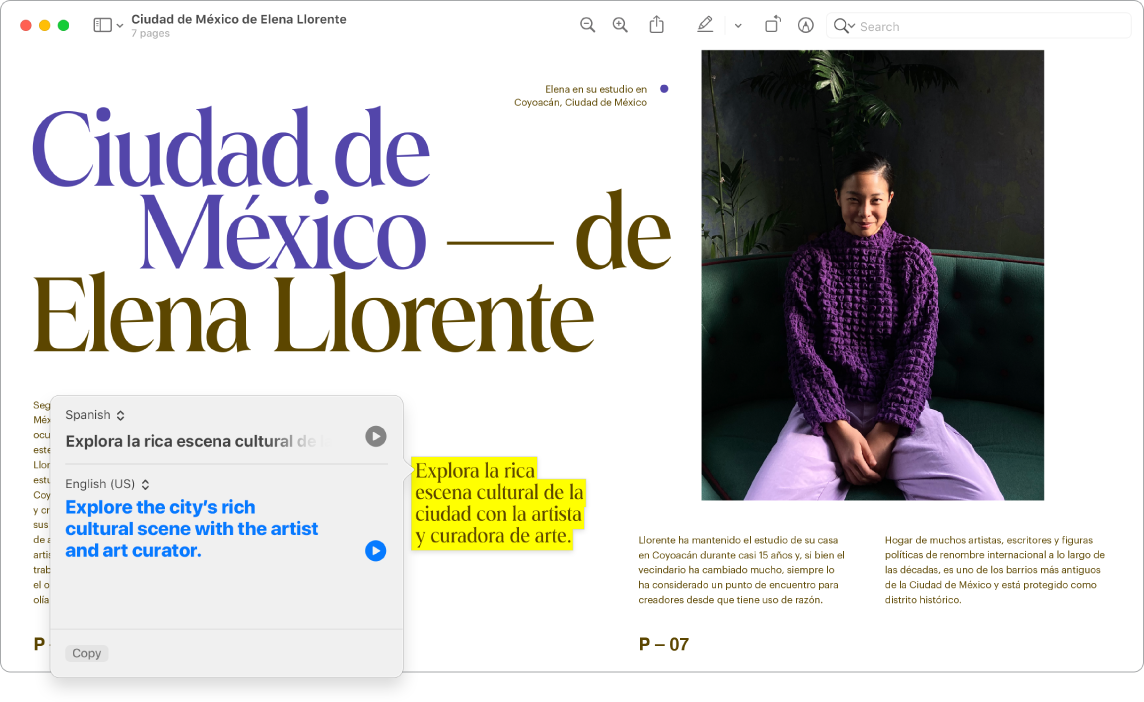Окно приложения «Просмотр» с текстом на испанском языке. Часть текста выделена, и виден перевод выбранного фрагмента.